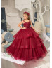 Beaded Burgundy Lace Tulle Corset Back Flower Girl Dress